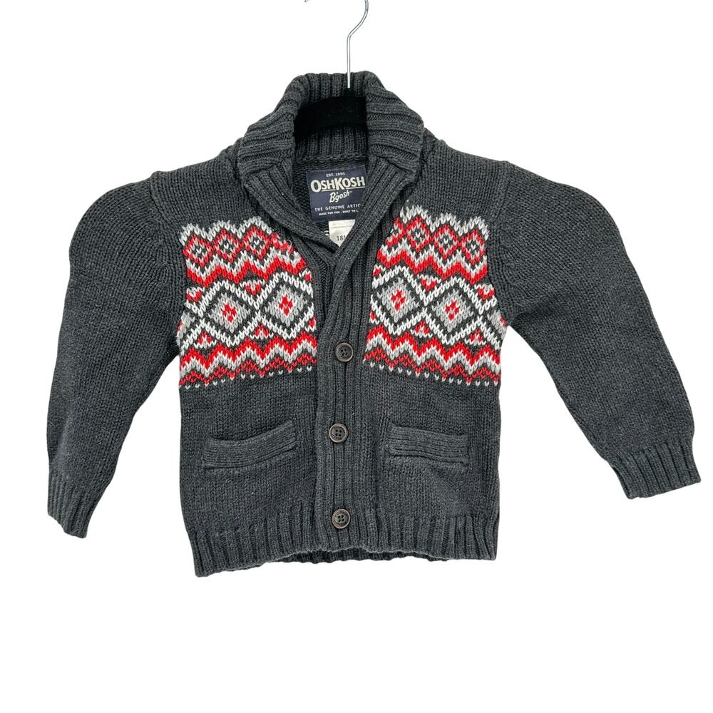 OshKosh Boys Cardigan 18M Sweater Gray Fair Isle Winter Cottagecore Preppy